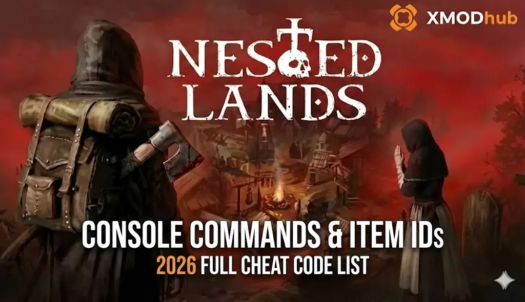 Обложка для гайда по консольным командам и ID предметов Nested Lands: выживший, смотрящий на деревню, с полным списком чит-кодов 2026 года.