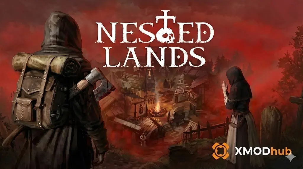 Обложка для руководства по ID предметов и консольным кодам спавна в Nested Lands: выживший с топором, смотрящий на средневековую деревню.