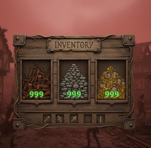 Nested Lands infinite resources cheat showing 999 wood, stone, and gold in the game inventory.