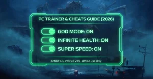 REANIMAL PC Trainer & Cheats Guide (2026) cover featuring XMODHUB overlay with God Mode, Infinite Health, and Super Speed activated