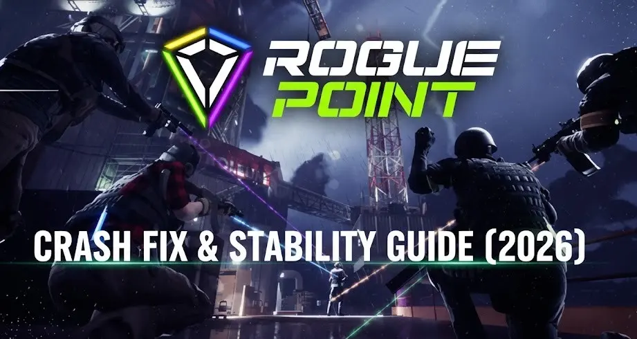 Rogue Point crash fix and stability guide for 2026 showing tactical gameplay background with troubleshooting text.