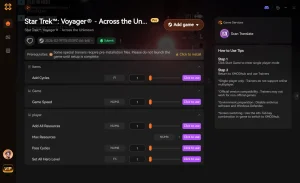 XMODHUB trainer menu for Star Trek Voyager Across the Unknown, displaying active cheats like Infinite Resources and God Mode.