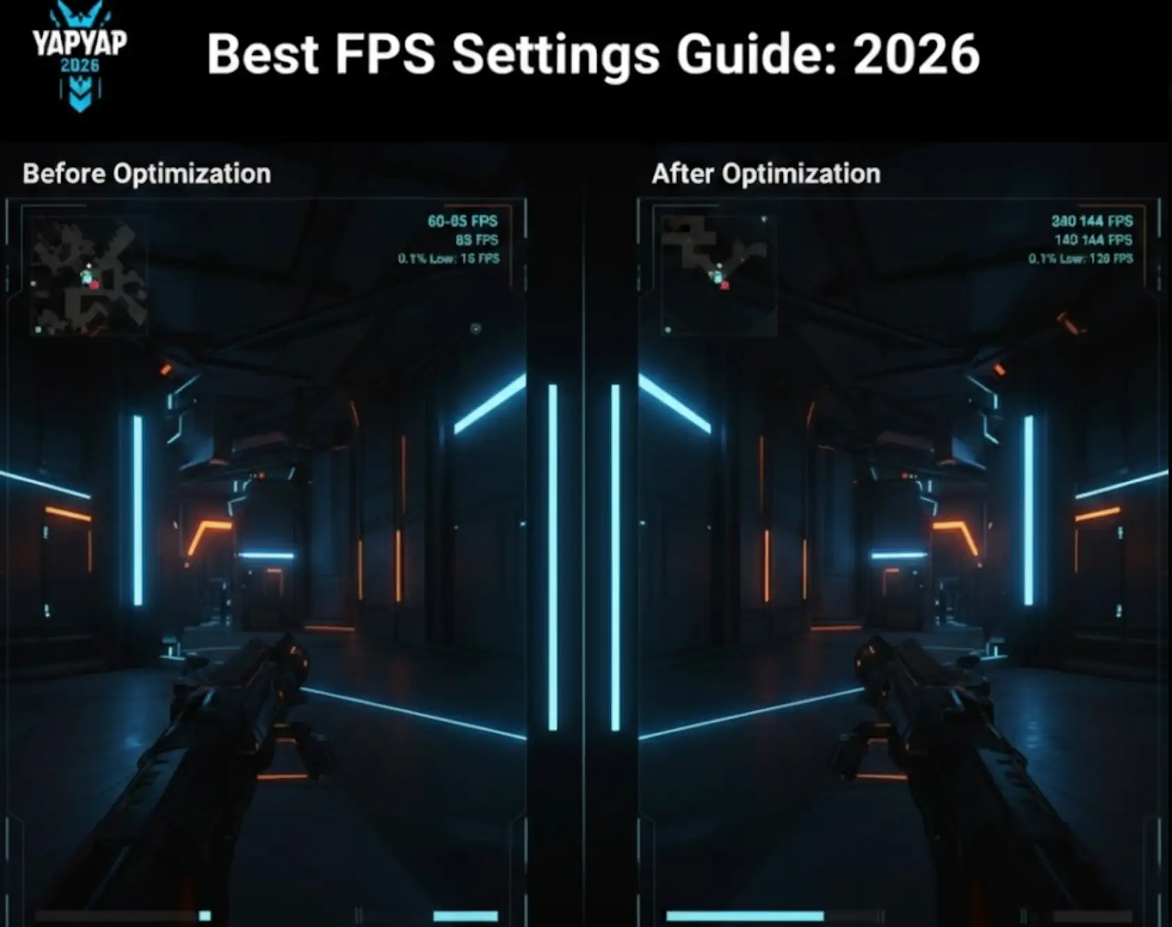 Изображение для гайда «Лучшие настройки FPS 2026»: сравнение в режиме разделённого экрана, показывающее производительность FPS в игре до и после оптимизации.