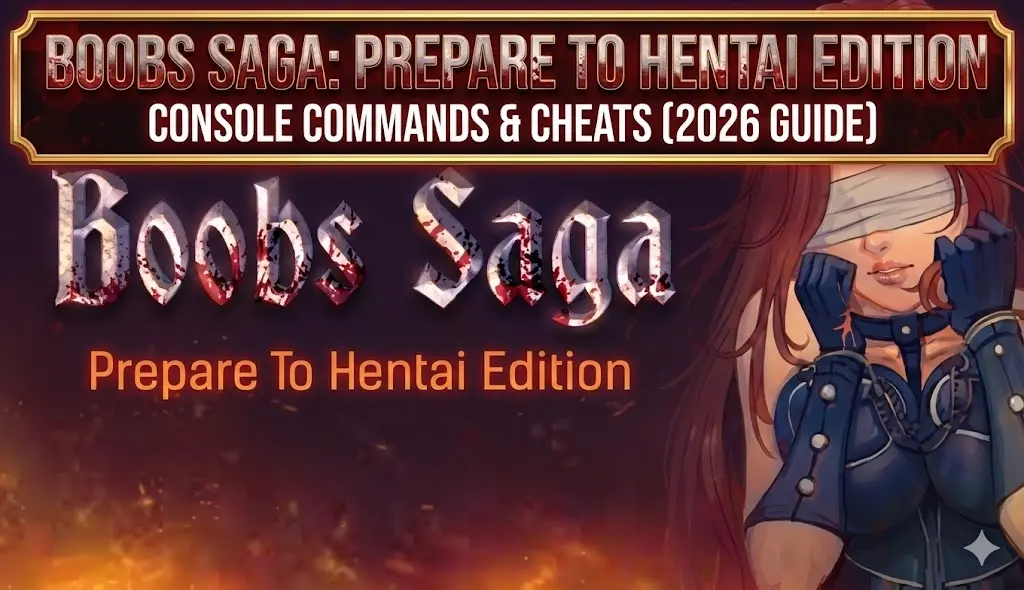 Изображение баннера для блога с заголовком: «BOOBS SAGA: PREPARE TO HENTAI EDITION — КОНСОЛЬНЫЕ КОМАНДЫ И ЧИТЫ (ГАЙД 2026)». На изображении представлены логотип игры и арты персонажей на фоне бушующего пламени.