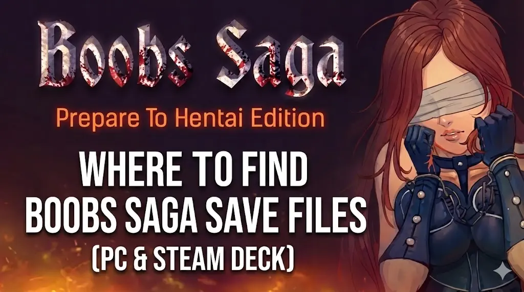 BОбложка для руководства о том, где найти файлы сохранений игры BOOBS SAGA: Prepare To Hentai Edition, с логотипом игры, артами персонажей и текстом о расположении файлов для PC и Steam Deck.