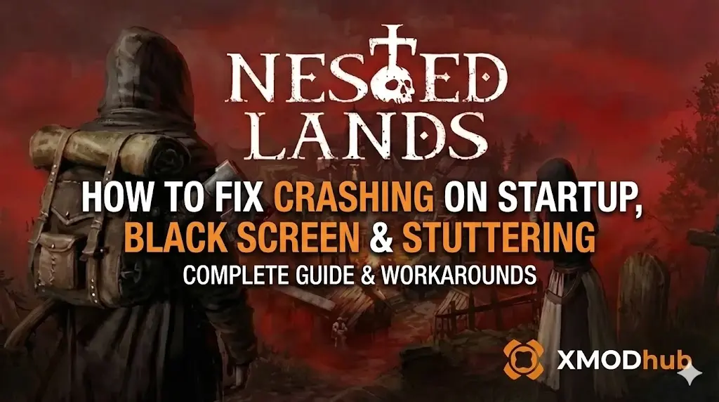 Cover image for the Nested Lands guide on how to fix crashing on startup, black screens, and stuttering, showing the game logo above a medieval village.