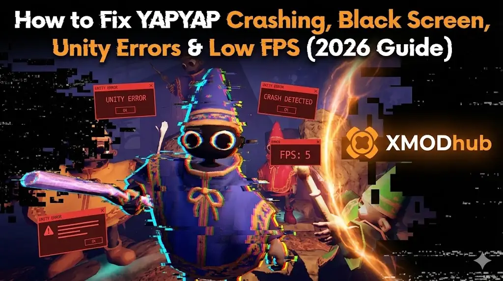 Заглавное изображение для статьи «Как исправить сбои YAPYAP, чёрный экран, ошибки Unity и низкий FPS (гайд 2026)». На изображении показаны персонажи-волшебники из игры, страдающие от цифровых сбоев, с красными всплывающими окнами «Unity Error».
