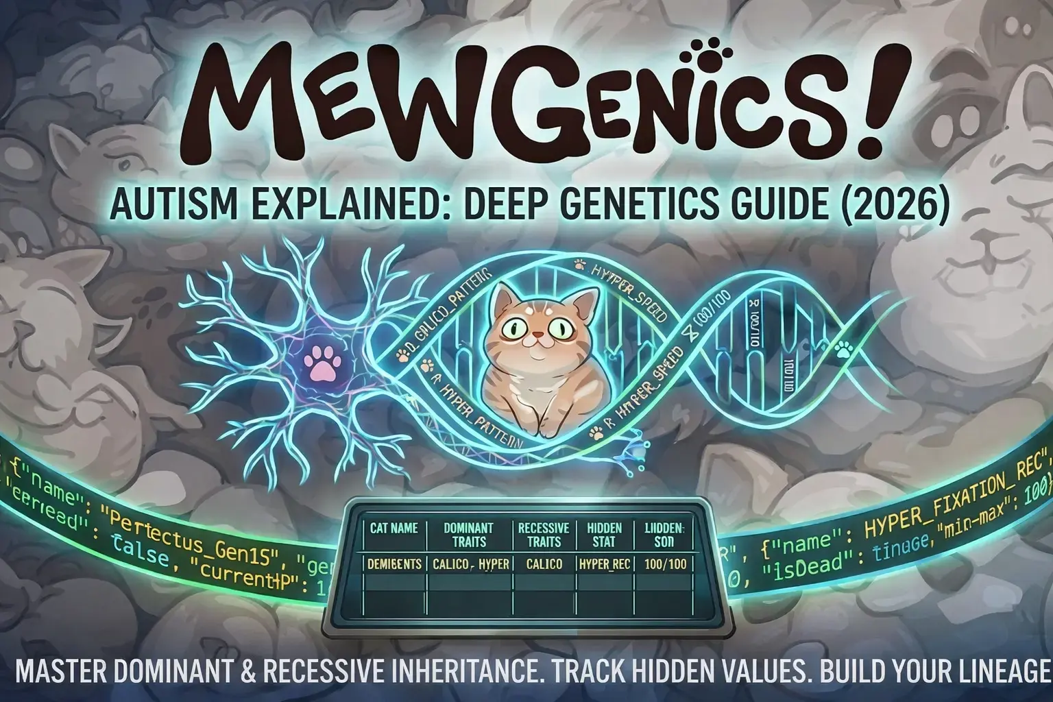 Cover art explaining the 'Mewgenics autism' community slang for hyper-fixation on the game's genetics system, featuring breeding lineage tracking, dominant vs recessive traits, and DNA data min-maxing.