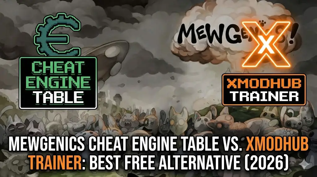 Blog header for "Mewgenics" comparing Cheat Engine and XMODhub Trainer, featuring a chaotic horde of cats, a mushroom cloud, and the XMODhub logo.