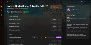 Monster Hunter Stories 3 XMODhub trainer interface showing cheats for unlimited health and XP multiplier.