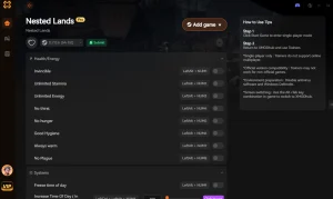 XMODhub trainer interface for Nested Lands, displaying health and survival cheats like Invincible, No Hunger, and No Plague.