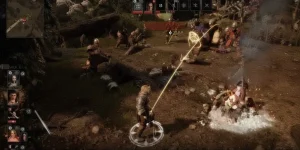 NORSE: Oath of Blood high-intensity combat scene on PC showing graphical effects and character models that can cause hardware strain.