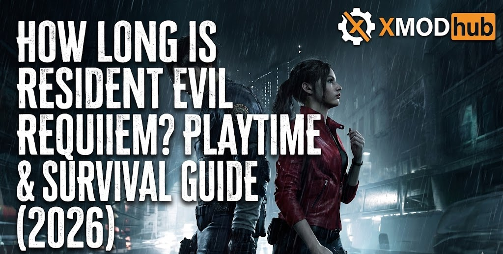 Resident Evil Requiem playtime and survival guide 2026 blog header with XMODhub logo.