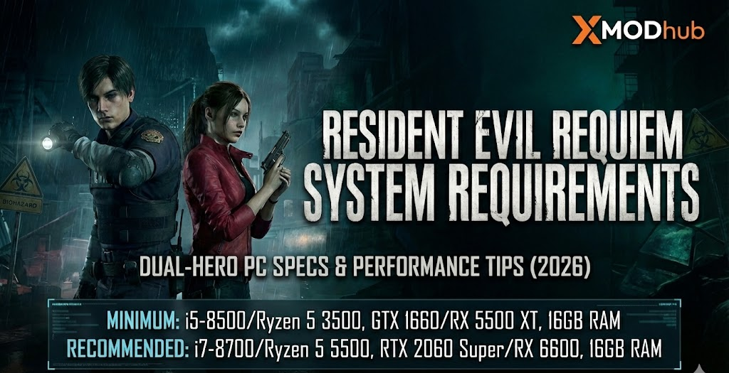 Resident Evil Requiem PC system requirements 2026 blog header with XMODhub logo.