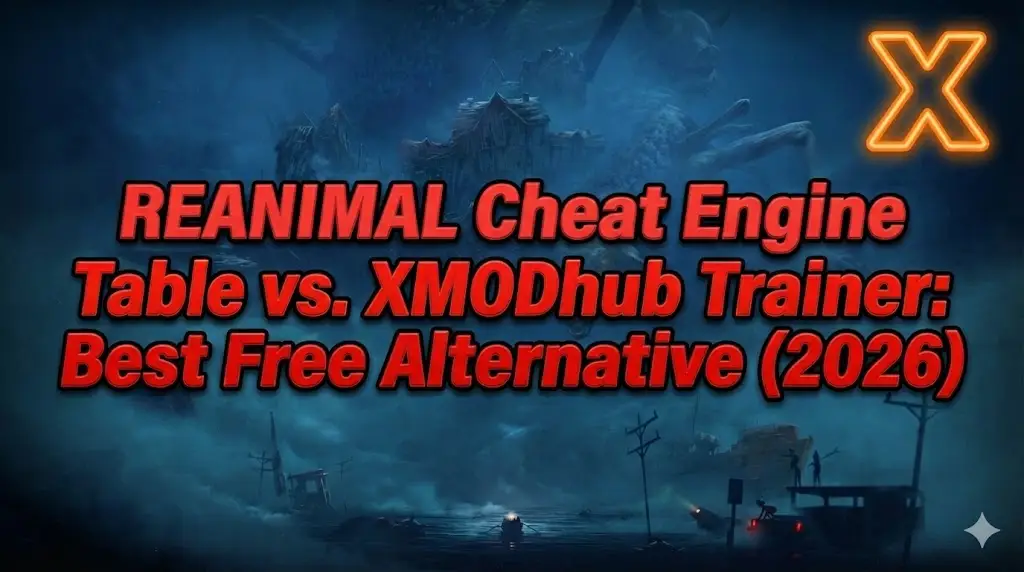 Blog header for "REANIMAL" trainer comparison guide with red text, dark atmospheric game art background, and XMODhub logo.
