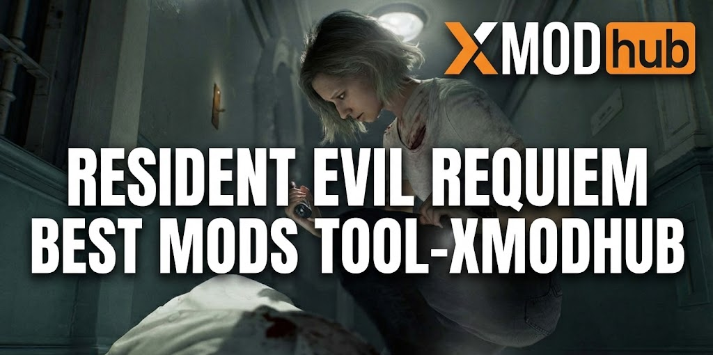Заглавное изображение блога о лучшем инструменте модов для Resident Evil Requiem с логотипом XMODhub.