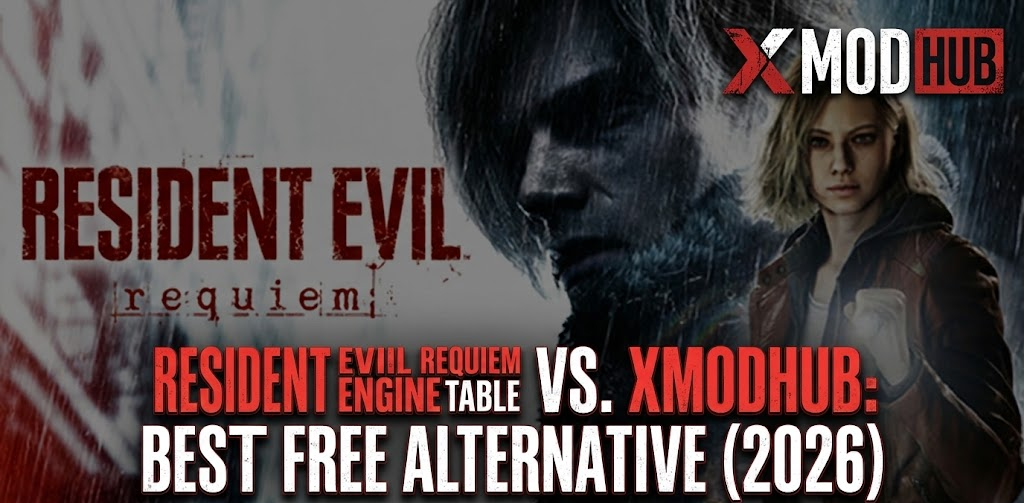 Resident Evil Requiem blog header comparing Cheat Engine Table vs. XMODhub: Best Free Alternative (2026), featuring Leon, Claire, and the XMODhub logo.