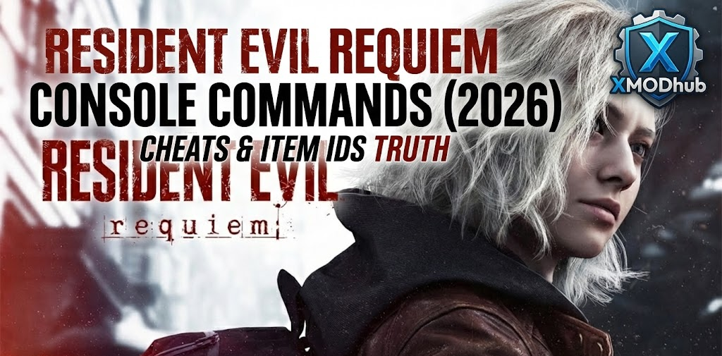 Resident Evil Requiem console commands and cheats 2026 blog header with XMODhub logo.