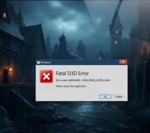 Resident Evil Requiem Fatal D3D Error message on PC screen, a common RE Engine crash issue.