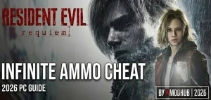 Image de couverture pour le guide du jeu Resident Evil Requiem intitulé « Triche munitions infinies : Guide PC 2026 », mettant en vedette les personnages Leon et Ashley.