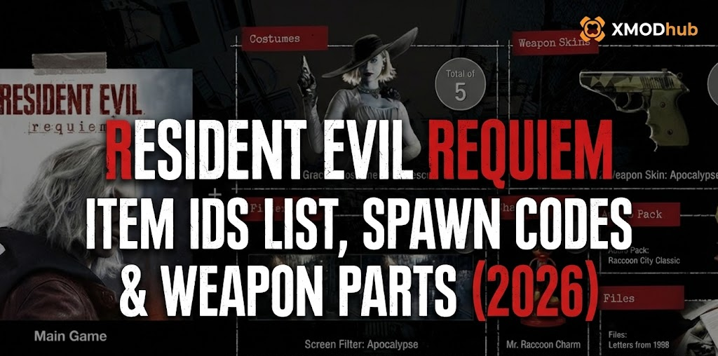 Resident Evil Requiem item IDs and weapon parts 2026 blog header with XMODhub logo.