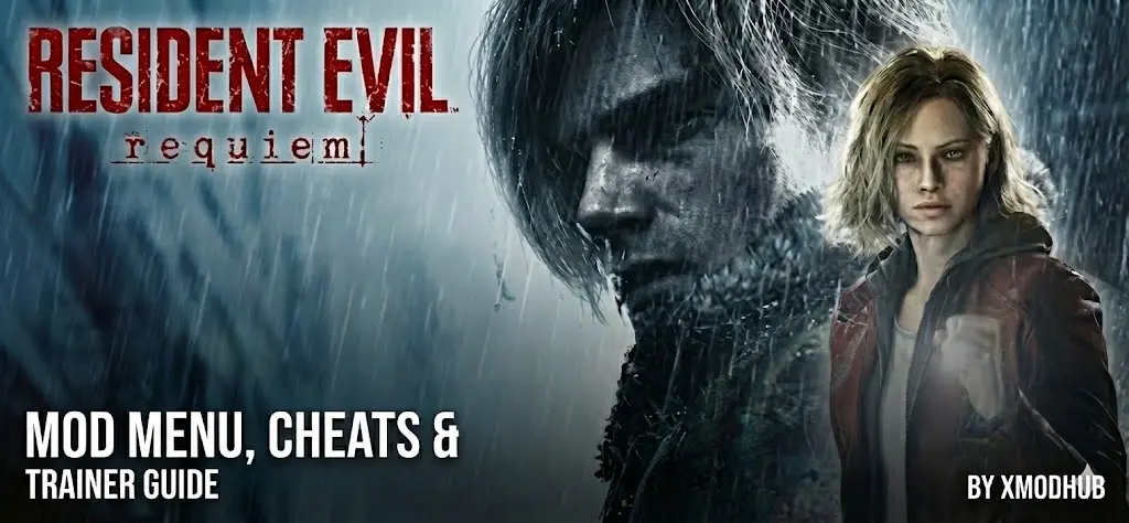 Resident Evil Requiem Mod Menu, Cheats, and Trainer Guide cover image featuring Leon and Claire, by XMODHUB.