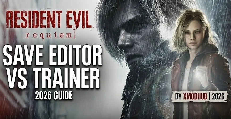 Resident Evil Requiem save editor vs trainer 2026 guide cover, comparing PC cheat methods by XMODhub.