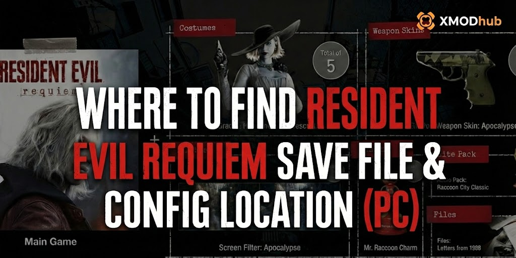 Resident Evil Requiem blog header showing "Where to Find Save File & Config Location (PC)" text against game menu background with XMODhub logo.