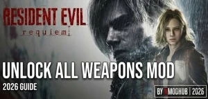 レオンとアシュリーが登場する『バイオハザード レクイエム』「全武器解放MOD」2026年版ガイド表紙画像。