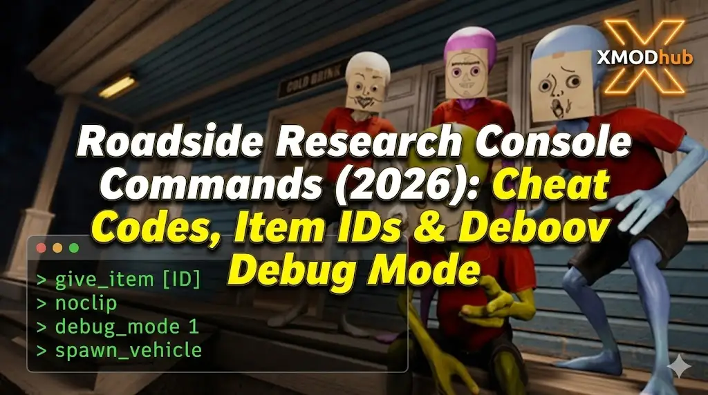 Blog header for "Roadside Research" console commands guide, featuring alien characters on a porch, a terminal overlay showing cheat code examples like noclip, and the XMODhub logo.