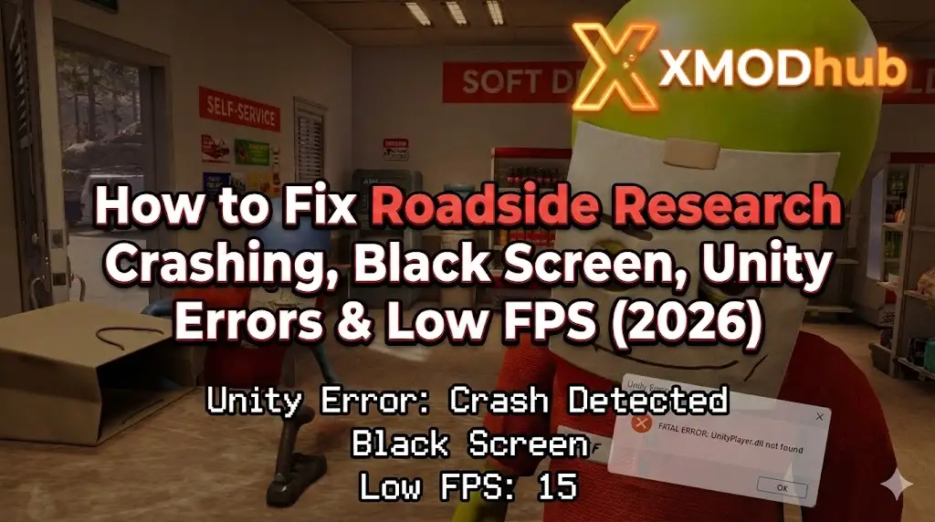 Blog header for "Roadside Research" troubleshooting guide featuring aliens in store, Unity error popups, low FPS counter, and XMODhub logo.