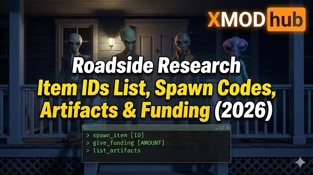 Blog header for "Roadside Research" cheats guide featuring alien characters on porch, command terminal with item spawn codes, and XMODhub logo.