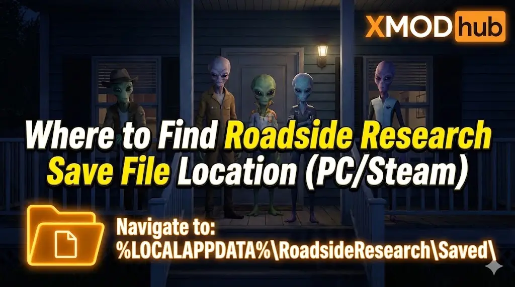 Blog header for "Roadside Research" save file location guide featuring alien characters, folder icon, directory path, and XMODhub logo.