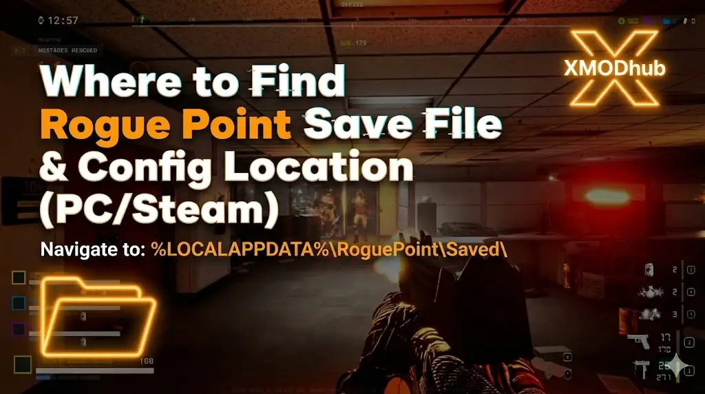 Blog header for "Rogue Point" save file and config location guide displaying the local app data path, folder icon, gameplay background, and XMODhub logo.