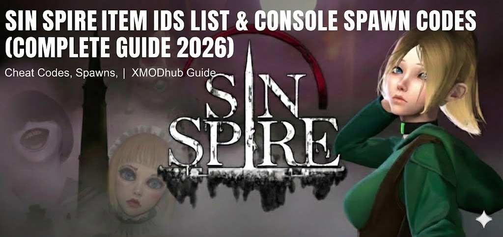 Обложка для полного руководства 2026 года по списку ID предметов и консольным командам Sin Spire, включающая арты игровых персонажей и информацию о чит-кодах XMODhub.