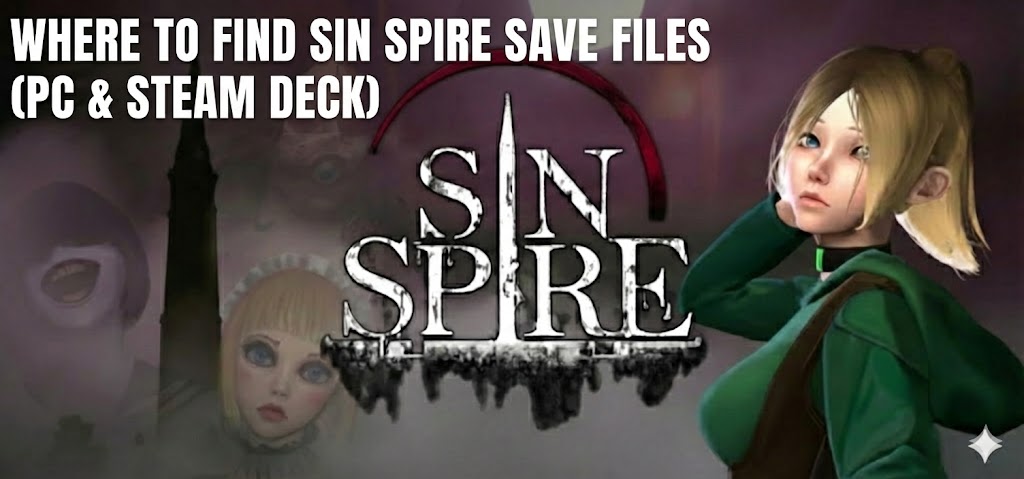 Обложка руководства по поиску файлов сохранений Sin Spire, на которой изображены логотип игры, арты персонажей и текст с указанием путей к сохранениям на ПК и Steam Deck.