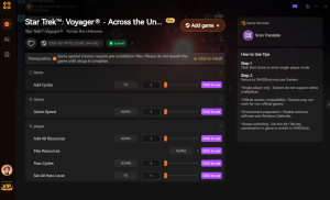 XMODHUB trainer interface for Star Trek Voyager Across the Unknown, displaying active cheat toggles for Add All Resources, Game Speed, and Cycles.