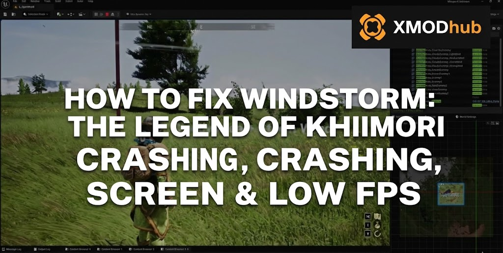 Windstorm Khiimori fix crashing, black screen, low FPS blog header with XMODhub logo.