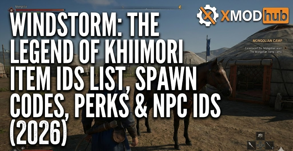 Заглавное изображение блога «Windstorm: The Legend of Khiimori Item IDs and Spawn Codes (2026)» с логотипом XMODhub.