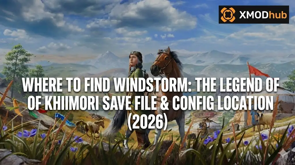 Windstorm Khiimori save file and config location PC 2026 blog header with XMODhub logo.