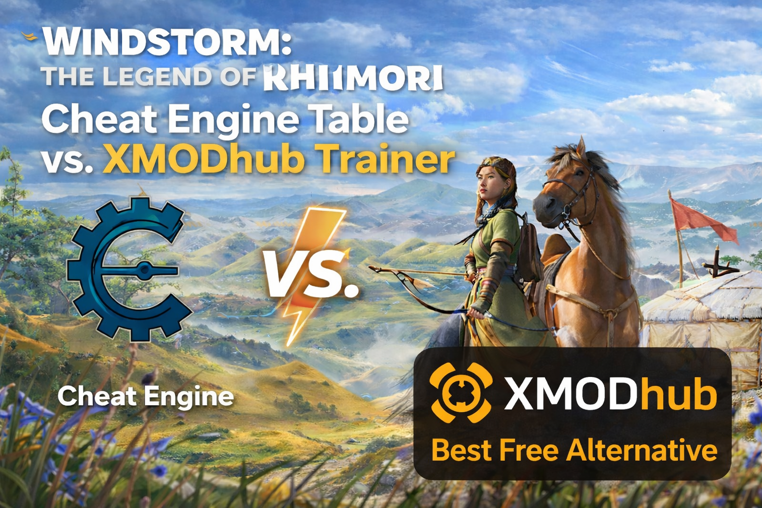 Заглавное изображение блога «Windstorm: The Legend of Khiimori Cheat Engine vs XMODhub Trainer: Best Free Alternative (2026)» с всадником и лошадью.