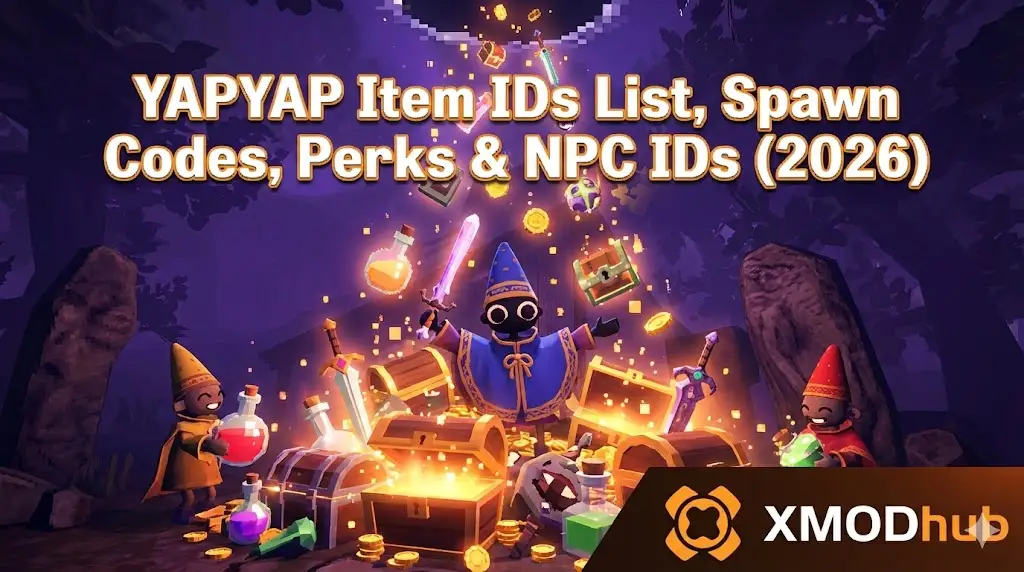Заголовочное изображение блога для "Список ID предметов YAPYAP, коды спавна, перки и ID NPC (2026)" с изображением низкополигонального синего волшебника, окруженного огромной кучей выпавшего лута — включая светящиеся сундуки с сокровищами, магические мечи и зелья.