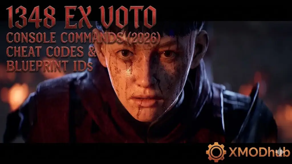 Header image for 1348 Ex Voto commands guide showing cinematic bloodied character. distressed gothic title text reads for commands, cheat codes, & blueprint IDs including XMODhub logo.