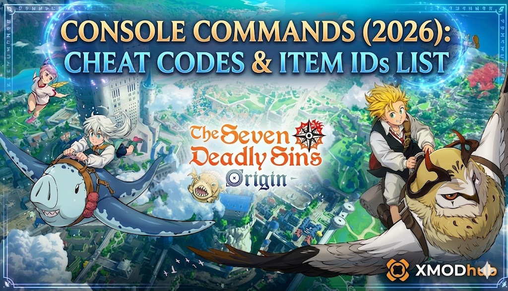 Список консольных команд и чит-кодов 7DS Origin, заголовок блога с логотипом XMODhub.