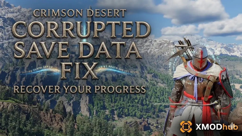 Epic hero banner with a knight, ancient ruins, and data recovery effects for Crimson Desert save data fix guide.