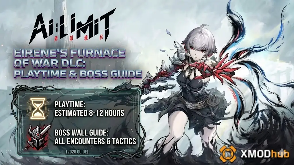 LIMIT Eirene's Furnace of War DLC Guide (2026) graphic with estimated playtime (8-12 hours), boss tactics, character, and XMODhub branding.