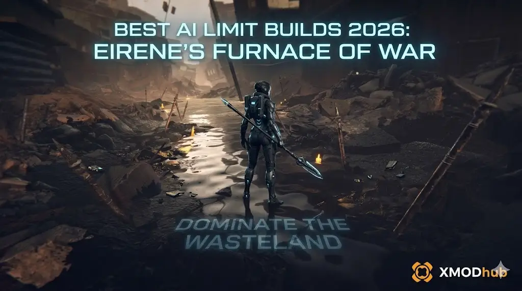 Futuristic warrior in ruined wasteland; "Best AI Limit Builds 2026" text and XMODhub logo.