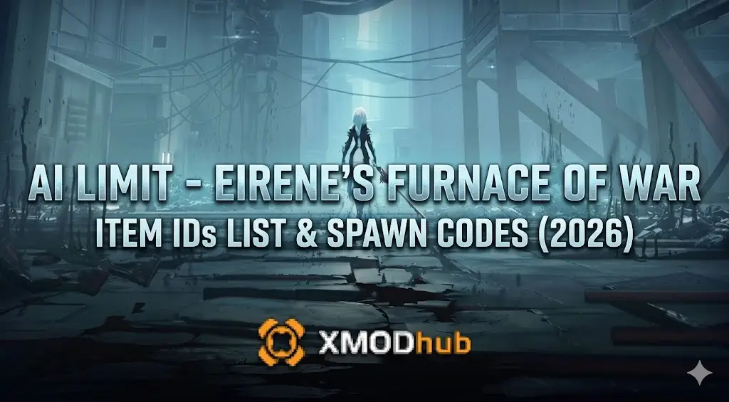 Guide to AI LIMIT - Eirene's Furnace of War Item IDs & Spawn Codes (2026). Complete list from XMODhub. Features game character in a sci-fi setting.