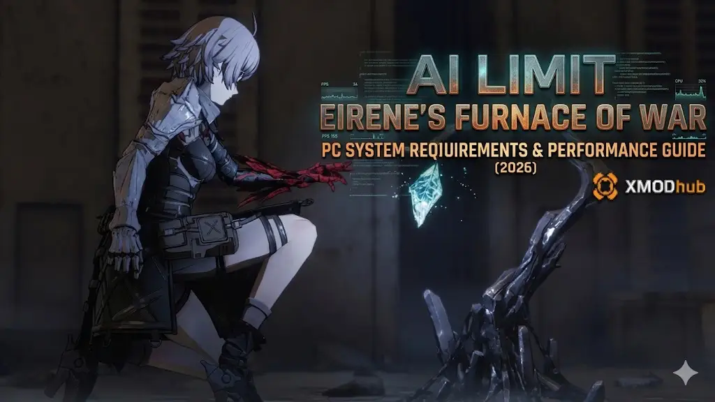 AI LIMIT Eirene's Furnace of War PC system requirements and performance guide featuring a silver-haired character reaching for a glowing crystal.