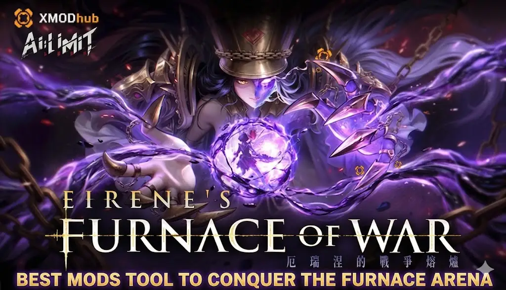 Blog header for AI Limit, Eirene's Furnace of War mods tool, with character art and text guide.